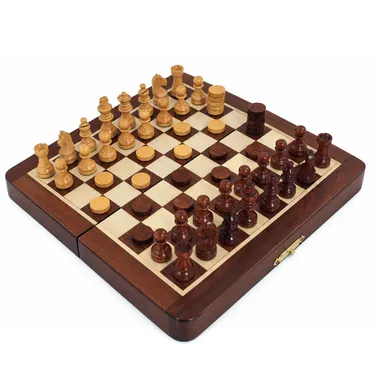 Open wooden chess and draughts set, angled view with pieces arranged