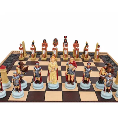 Egyptian and Roman chess pieces facing off on the board