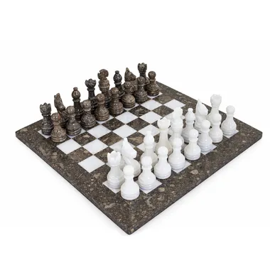 Grey and white marble chess set 30x30cm, pieces in opening formation