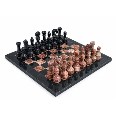 Pink and black marble chess set, overall view on the board