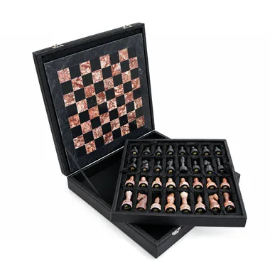 Pink and black marble chess set, open case with board and storage
