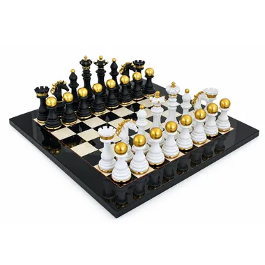 Complete Art Deco chess set, black and white pieces on a lacquered board
