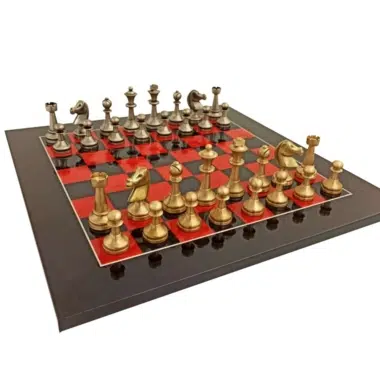 Artistic Brass Chess Pieces and Lacquered Briar Wood Chess Board
