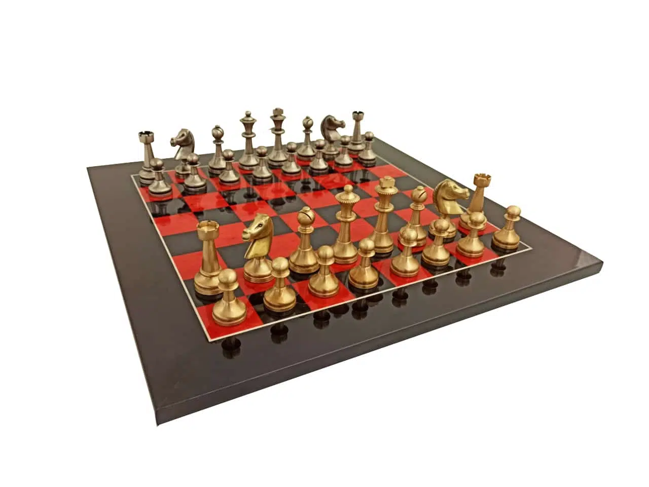 Artistic Brass Chess Pieces and Lacquered Briar Wood Chess Board