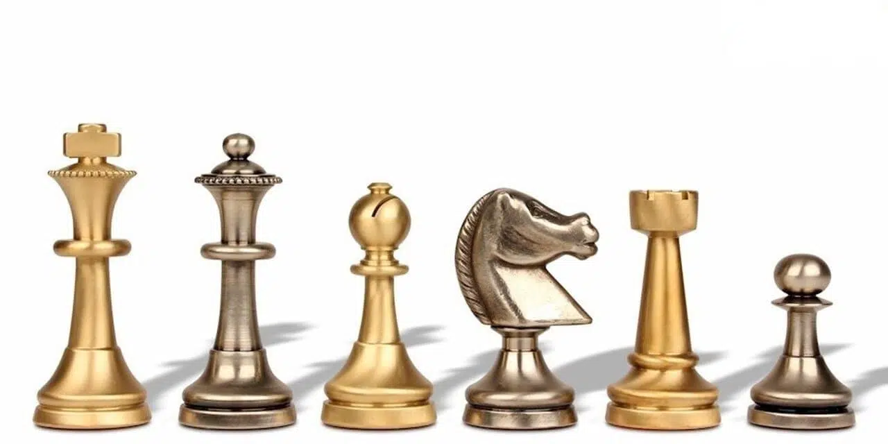 Artistic Brass Chess Pieces and Lacquered Briar Wood Chess Board - Image 2