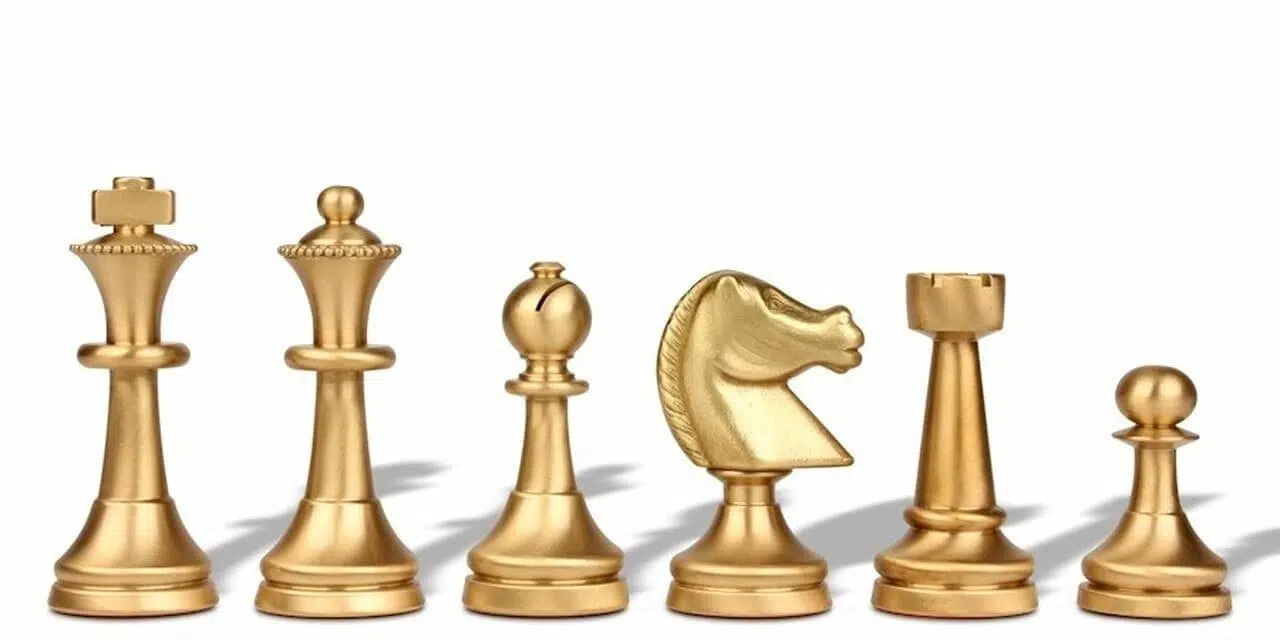 Artistic Brass Chess Pieces and Lacquered Briar Wood Chess Board - Image 4