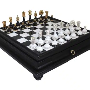 Solid Brass and Gold and Silver-Plated Wood Chess Set & Black Chess Board on Stand with Carrara Marble Top