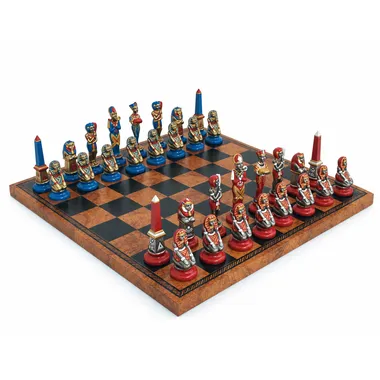Ancient Egypt chess set complete on faux leather chess board, overall view