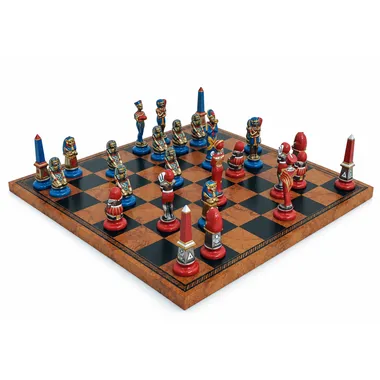 Ancient Egypt chess set on faux leather chess board, opposite angle view