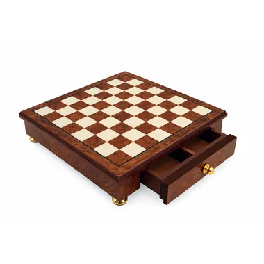 Wooden chess board on stand with open storage drawer, angled view
