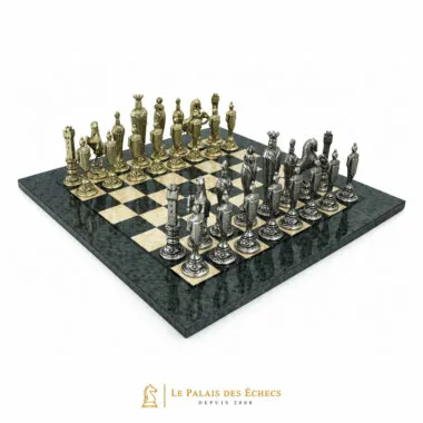 Complete chess set with Italian medieval pieces on a grey wooden board