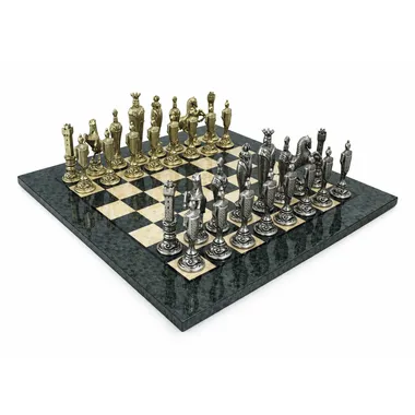 Complete chess set with Italian medieval pieces on a grey wooden board