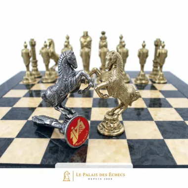 Close-up of the silver and gold knights facing each other on the board