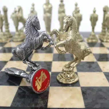 Alternative view of Large Italian Medieval Chess Pieces and Briar Wood and Grey Maple Chess Board