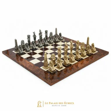 Egypt chess set in metal on a briar wood and lacquered walnut chessboard