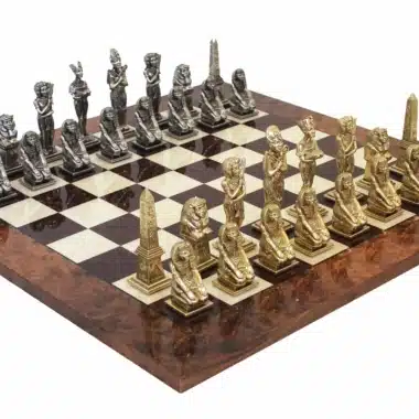 Egyptian Metal Chess Pieces and Briar and Lacquered Walnut Chess Board