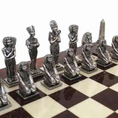Alternative view of Egyptian Metal Chess Pieces and Briar and Lacquered Walnut Chess Board