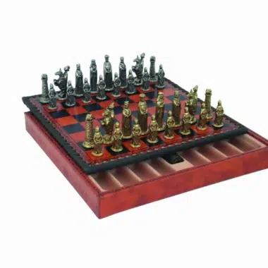 Medieval Metal Chess Pieces & Faux Leather Chess Board with Storage