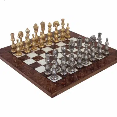 Gold and Silver-Plated Metal Chess Pieces with Lacquered Elm and Burr Wood Chess Board