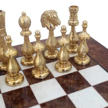 Alternative view of Gold and Silver-Plated Metal Chess Pieces with Lacquered Elm and Burr Wood Chess Board
