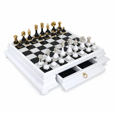 Solid Brass and Gold and Silver Plated Wood Chess Set & White Standing Wood and Carrara Marble Chess Board
