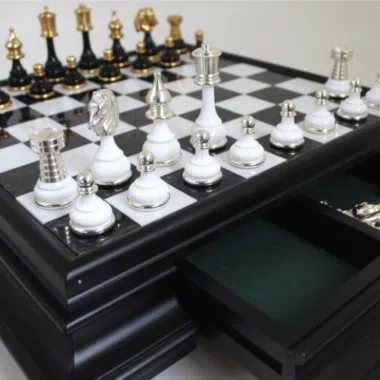 Alternative view of Solid Brass and Gold and Silver-Plated Wood Chess Set & Black Chess Board on Stand with Carrara Marble Top
