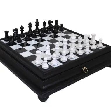 Black and White Wooden Chess Set with Chess Board on Stand and Drawer