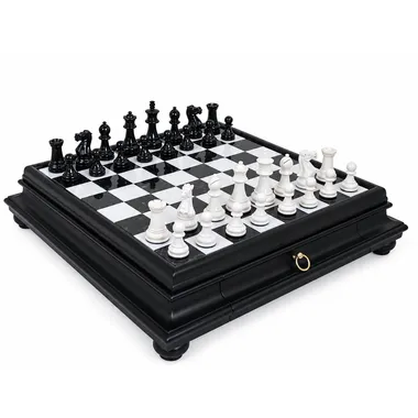 Complete black and white chess set with drawer chess board box