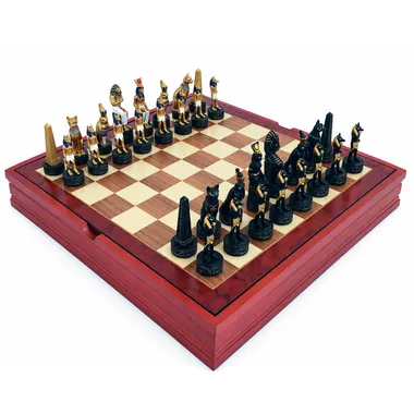 Complete Egypt chess set displayed on its wooden storage box
