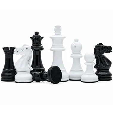 Black and white Staunton chess pieces lined up side by side