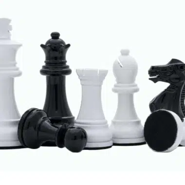 Alternative view of Black and White Staunton Chess Pieces and White Chess Board