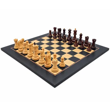 Chess set and board 'Le Jeu de la Dame' viewed diagonally, pieces in starting position