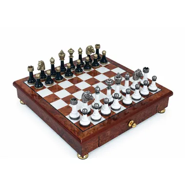 Complete Staunton chess set on footed wooden board with drawer