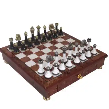 Black and White Staunton Chess Pieces and Chess Board on Stand with Wooden Storage Drawer