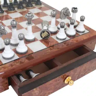 Alternative view of Black and White Staunton Chess Pieces and Chess Board on Stand with Wooden Storage Drawer
