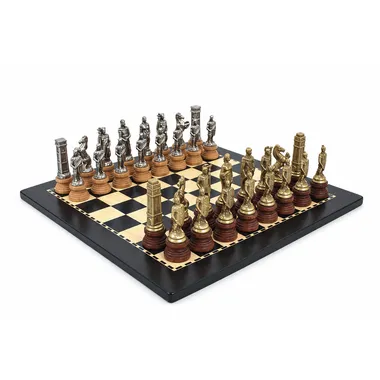 Romans vs Barbarian chess set, overall view on the wooden chessboard