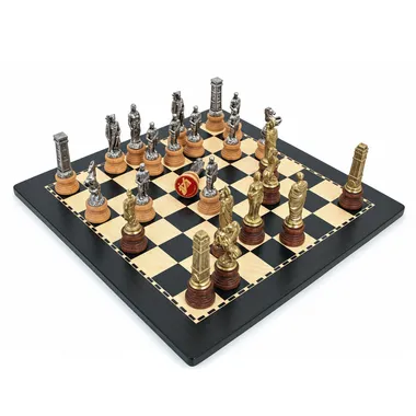 Romans vs Barbarian chess set, pieces arranged on the board at an angle