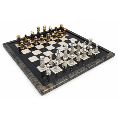 Complete Staunton Modern XL chess set with gold and silver pieces on maple chessboard