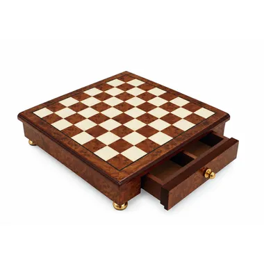 Elm and briar wood chess board with open storage drawer
