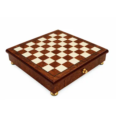 Elm and briar wood chess board on feet, drawer closed