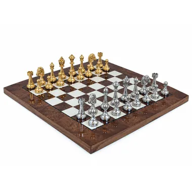 Complete chess set gold and silver plated on elm and briar chessboard