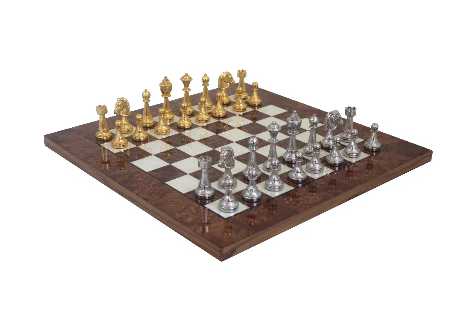 Elm and Heather Wood Chess Board & Gold and Silver Plated Metal Chess Set