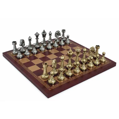 Staunton chess set in metal, red and gold faux leather chess board, overall view