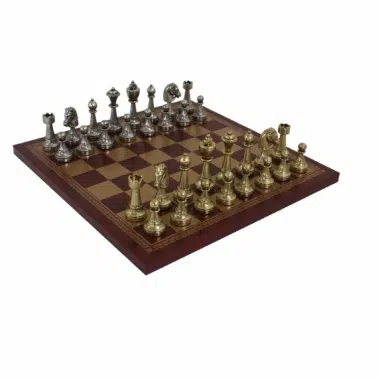 Staunton Metal Chess Set & Red/Gold Faux Leather Chess Board