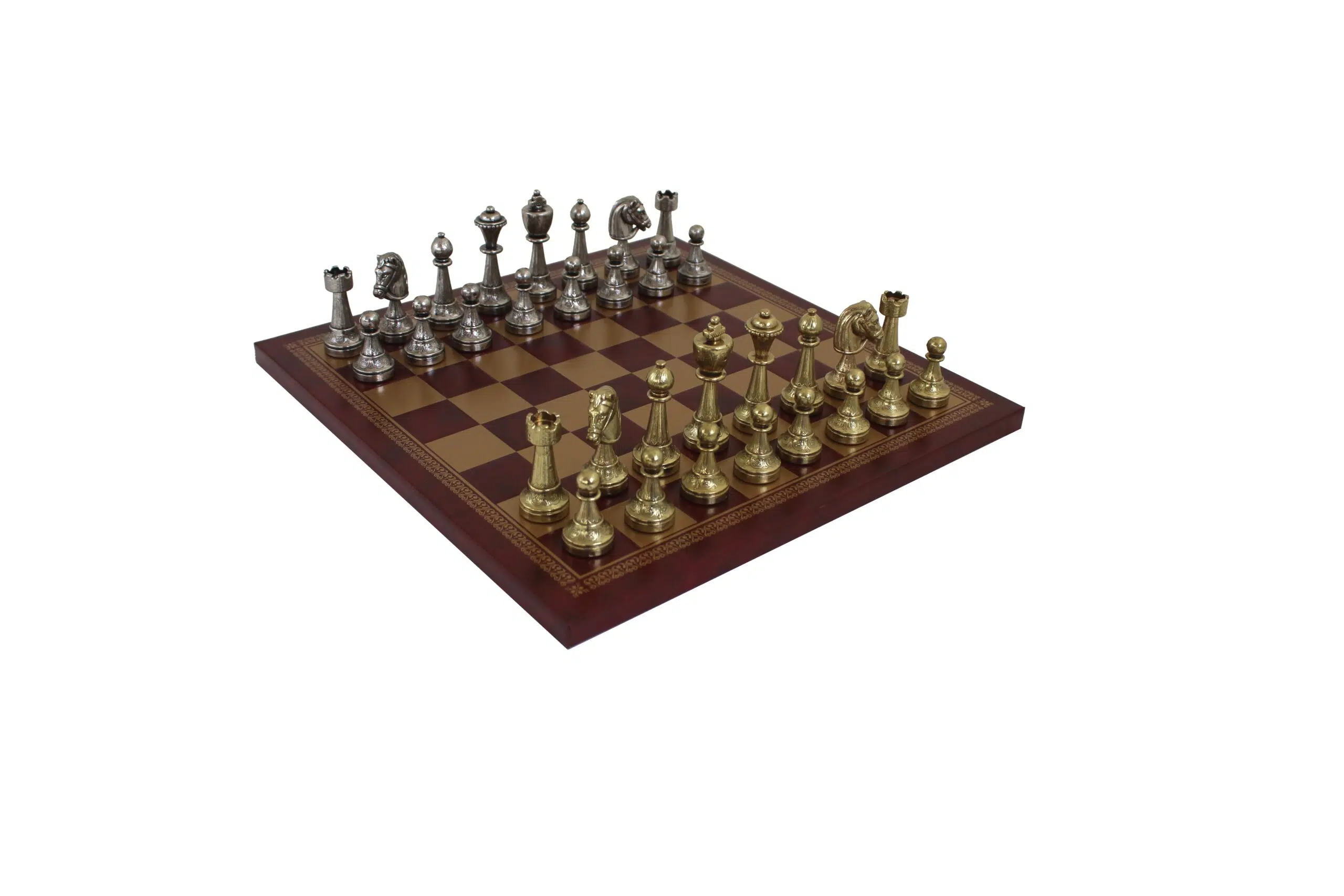 Staunton Metal Chess Set & Red/Gold Faux Leather Chess Board