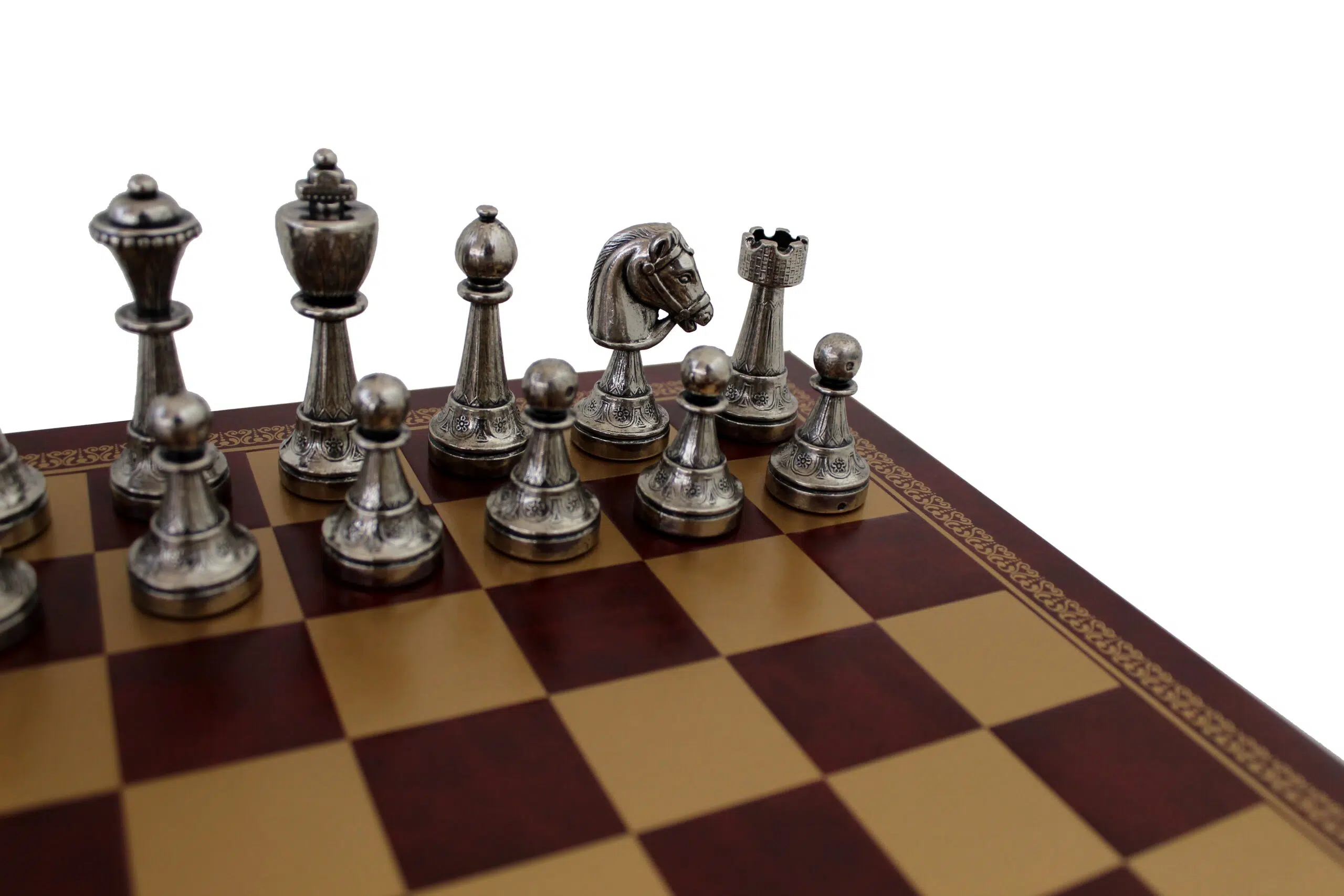 Staunton Metal Chess Set & Red/Gold Faux Leather Chess Board - Image 3