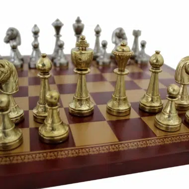 Alternative view of Staunton Metal Chess Set & Red/Gold Faux Leather Chess Board