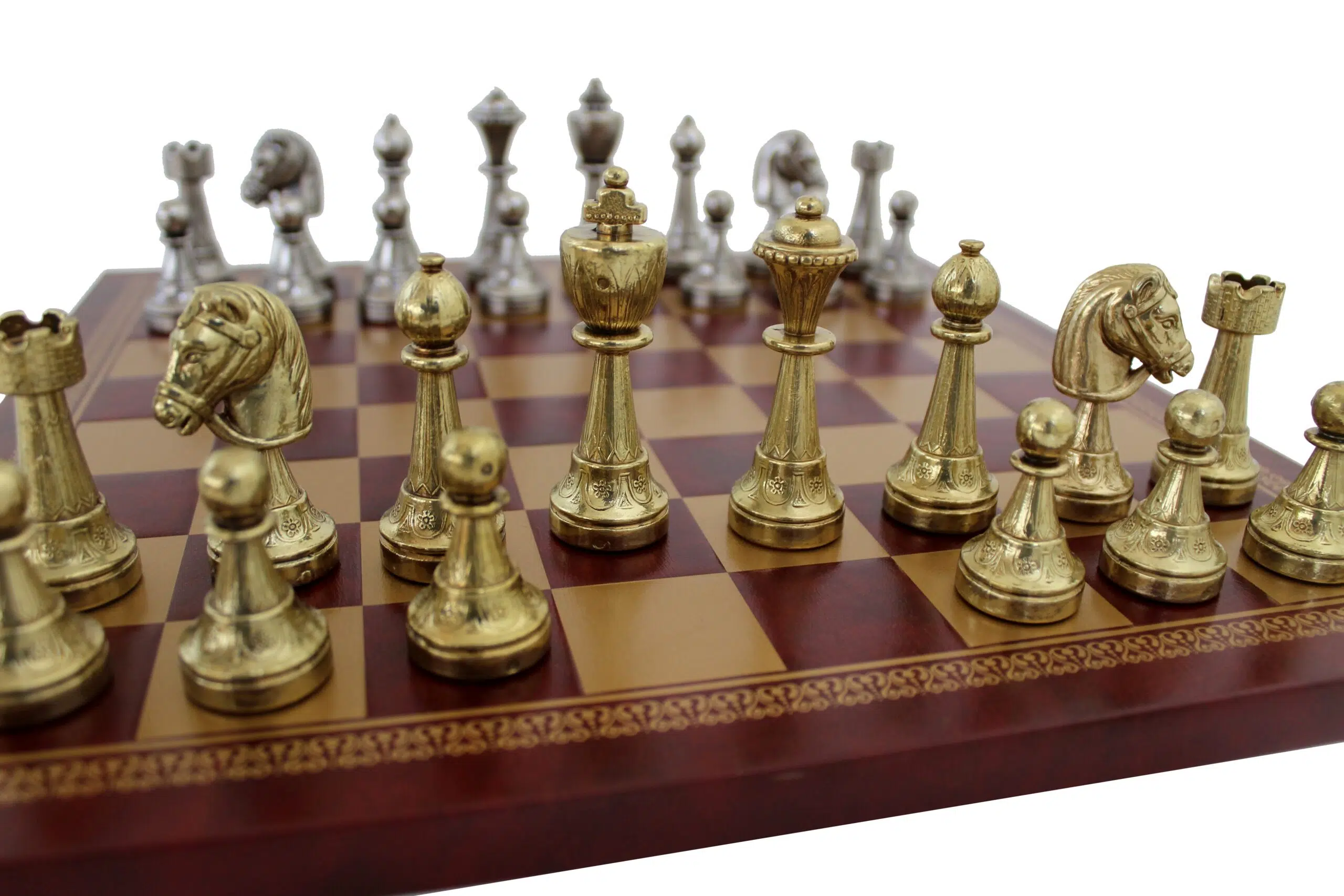 Staunton Metal Chess Set & Red/Gold Faux Leather Chess Board - Image 2