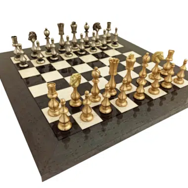 Large Design Chess Set - Brass Chess Pieces and Burr Wood and Grey Lacquered Maple Chess Board