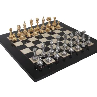 Staunton Chess Pieces in Gold and Silver-Plated Metal & Black Lacquered Maple Wood Chess Board